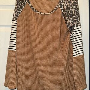 BiBi Camel/Tan Waffle Knit Top with Leopard & Stripe Accents